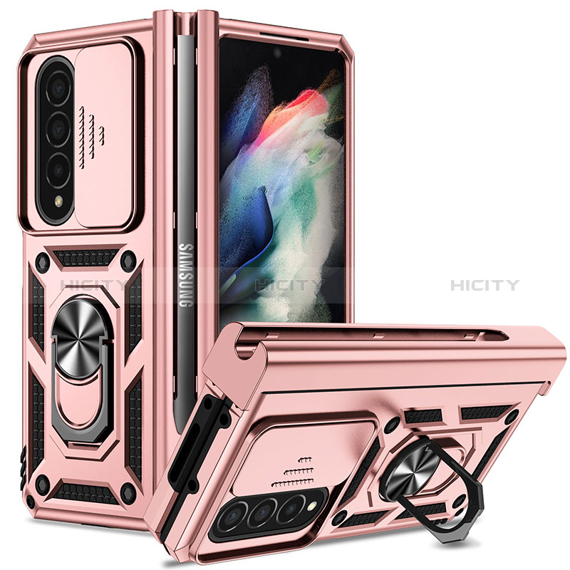 Funda Bumper Silicona y Plastico Mate Carcasa con Magnetico Anillo de dedo Soporte MQ6 para Samsung Galaxy Z Fold4 5G Oro Rosa