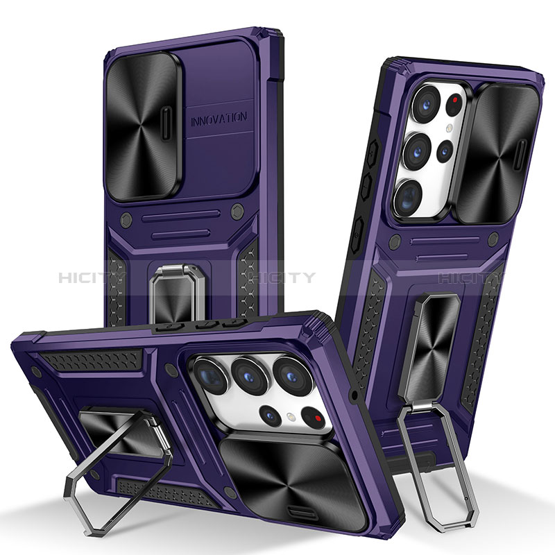 Funda Bumper Silicona y Plastico Mate Carcasa con Magnetico Anillo de dedo Soporte MQ7 para Samsung Galaxy S23 Ultra 5G Morado