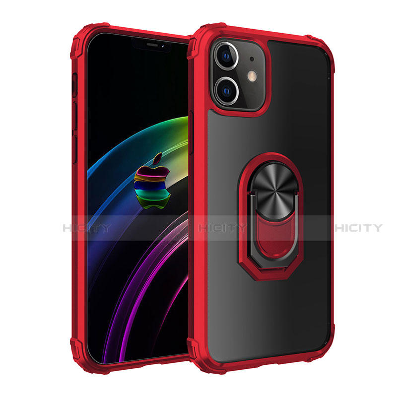 Funda Bumper Silicona y Plastico Mate Carcasa con Magnetico Anillo de dedo Soporte para Apple iPhone 12 Rojo