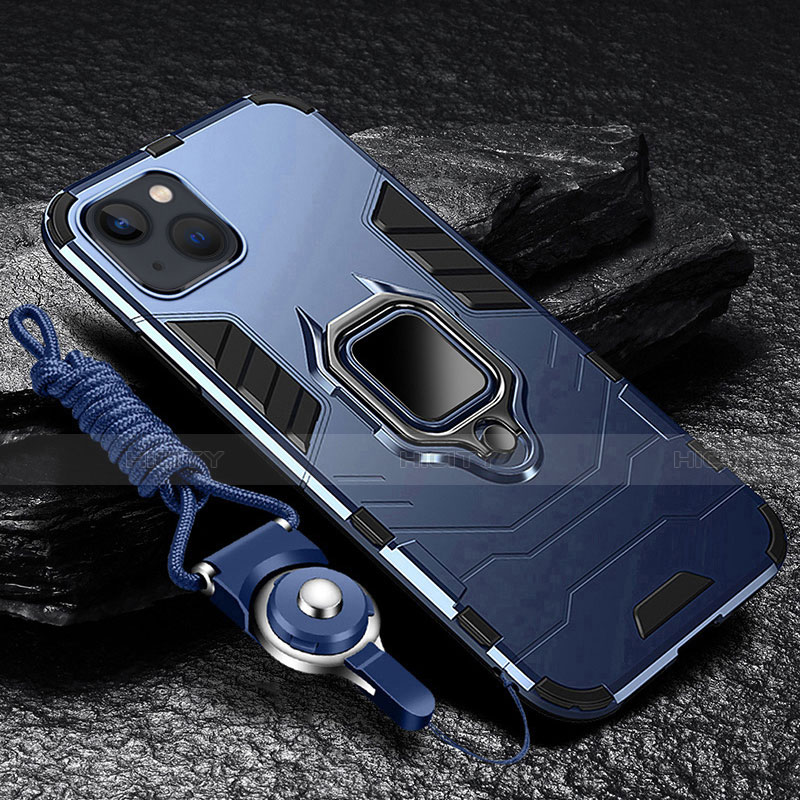 Funda Bumper Silicona y Plastico Mate Carcasa con Magnetico Anillo de dedo Soporte para Apple iPhone 13 Azul