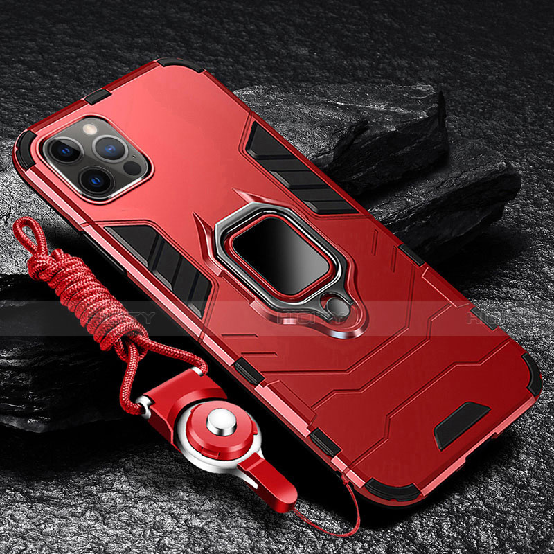 Funda Bumper Silicona y Plastico Mate Carcasa con Magnetico Anillo de dedo Soporte para Apple iPhone 16 Pro Max Rojo