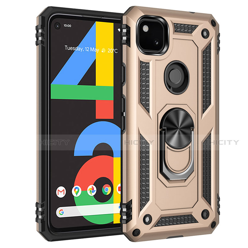 Funda Bumper Silicona y Plastico Mate Carcasa con Magnetico Anillo de dedo Soporte para Google Pixel 4a Oro