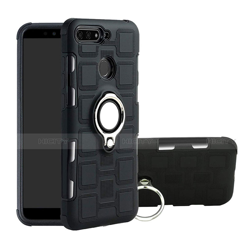 Funda Bumper Silicona y Plastico Mate Carcasa con Magnetico Anillo de dedo Soporte para Huawei Enjoy 8e Negro