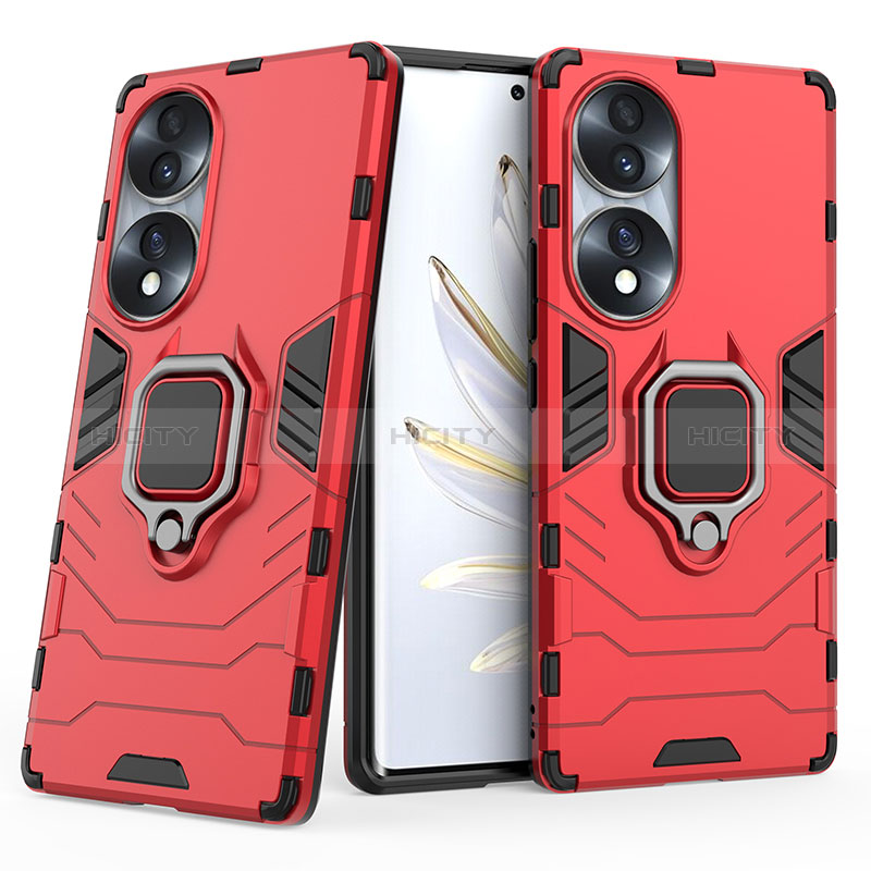 Funda Bumper Silicona y Plastico Mate Carcasa con Magnetico Anillo de dedo Soporte para Huawei Honor 70 5G Rojo