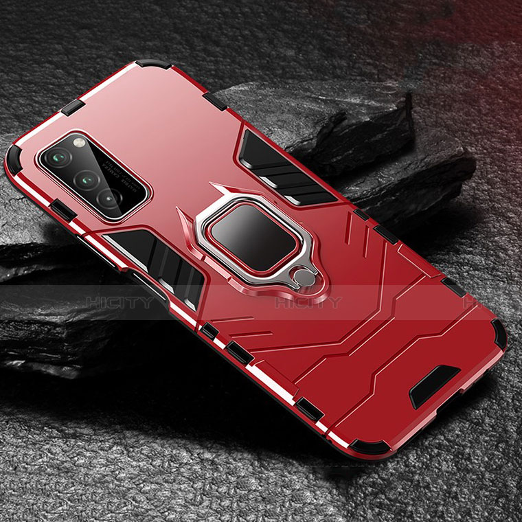 Funda Bumper Silicona y Plastico Mate Carcasa con Magnetico Anillo de dedo Soporte para Huawei Honor View 30 5G Rojo