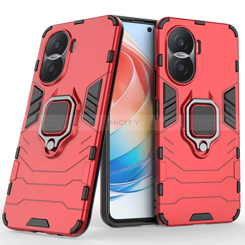 Funda Bumper Silicona y Plastico Mate Carcasa con Magnetico Anillo de dedo Soporte para Huawei Honor X40i 5G Rojo