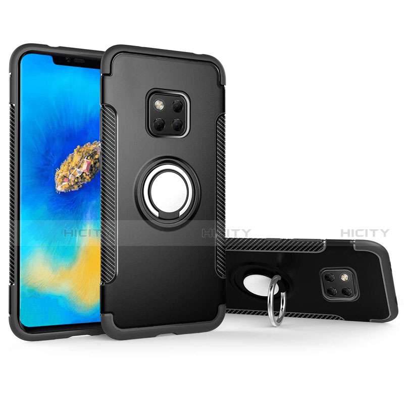 Funda Bumper Silicona y Plastico Mate Carcasa con Magnetico Anillo de dedo Soporte para Huawei Mate 20 Pro Negro