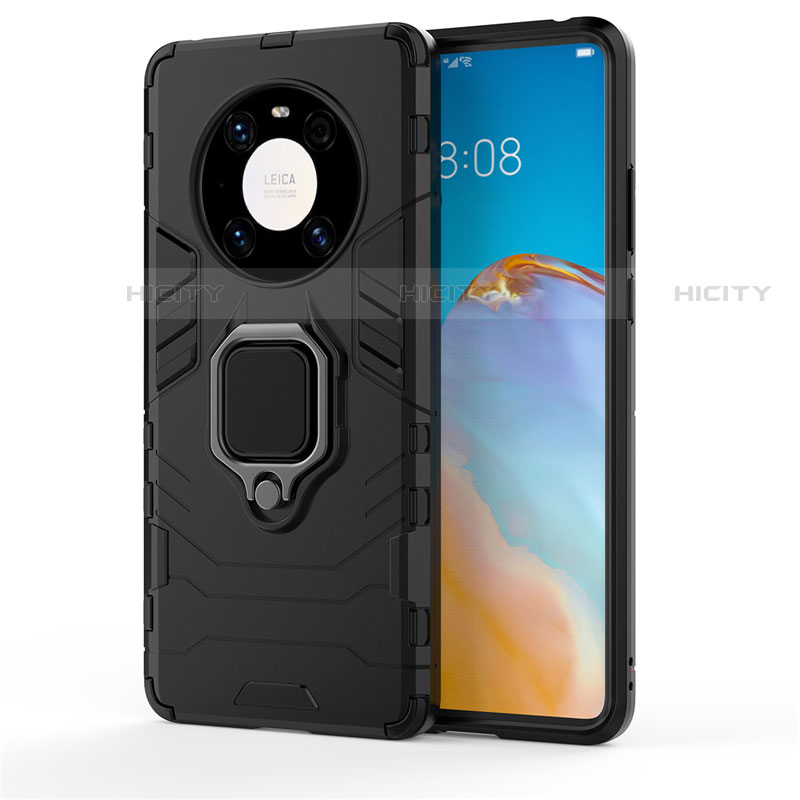 Funda Bumper Silicona y Plastico Mate Carcasa con Magnetico Anillo de dedo Soporte para Huawei Mate 40E Pro 5G Negro