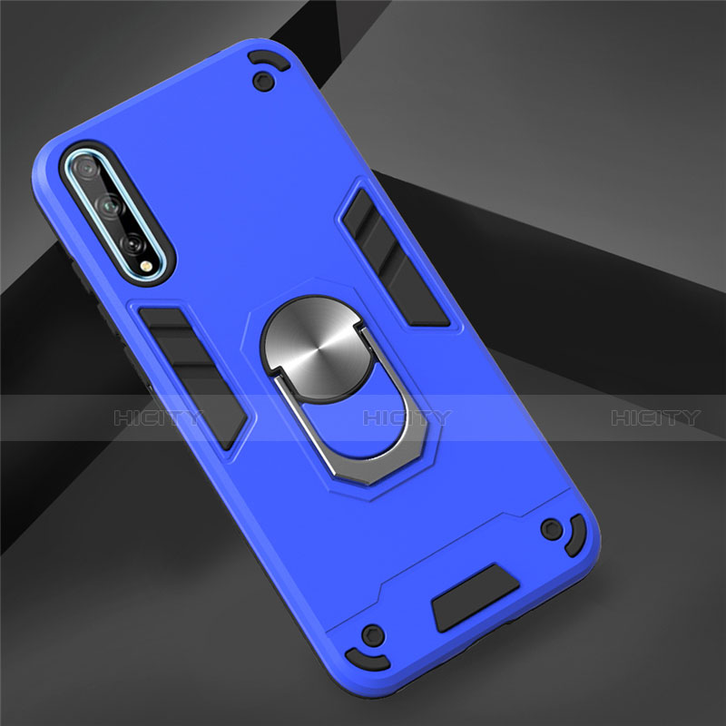 Funda Bumper Silicona y Plastico Mate Carcasa con Magnetico Anillo de dedo Soporte para Huawei Y8p Azul