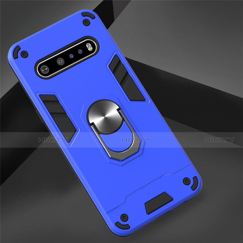 Funda Bumper Silicona y Plastico Mate Carcasa con Magnetico Anillo de dedo Soporte para LG V60 ThinQ 5G Azul Cielo