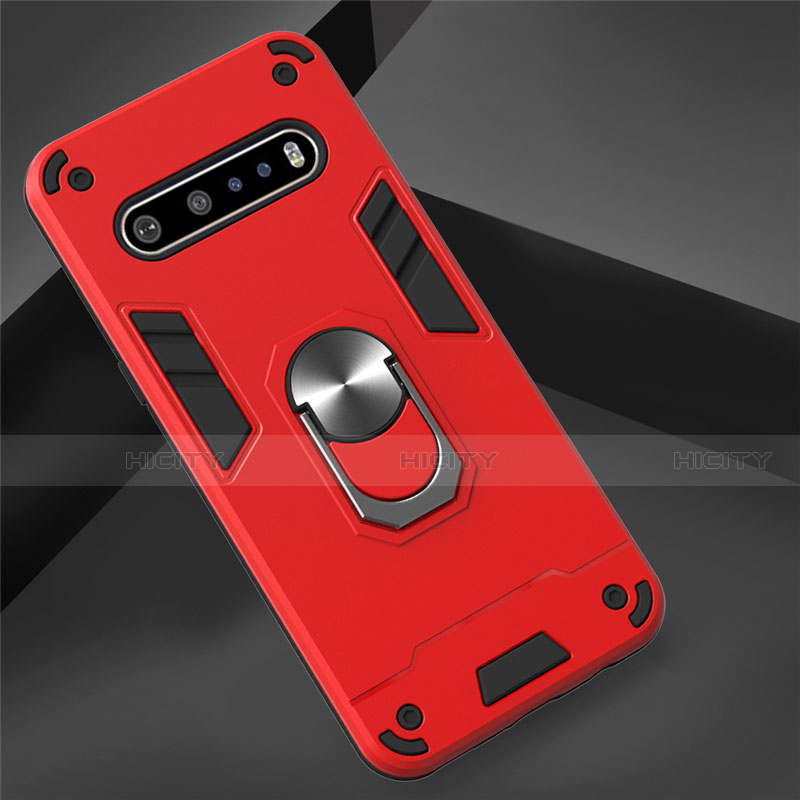 Funda Bumper Silicona y Plastico Mate Carcasa con Magnetico Anillo de dedo Soporte para LG V60 ThinQ 5G Rojo