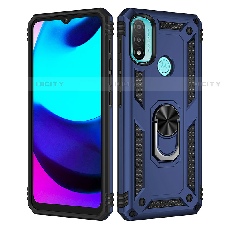 Funda Bumper Silicona y Plastico Mate Carcasa con Magnetico Anillo de dedo Soporte para Motorola Moto E20 Azul