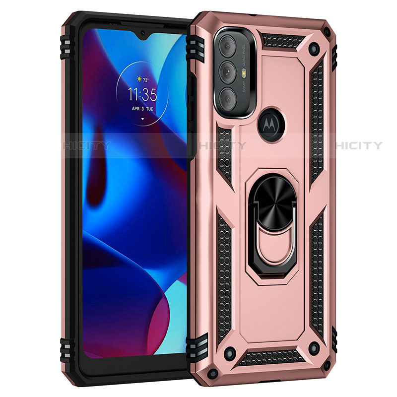 Funda Bumper Silicona y Plastico Mate Carcasa con Magnetico Anillo de dedo Soporte para Motorola Moto G Play (2023) Oro Rosa