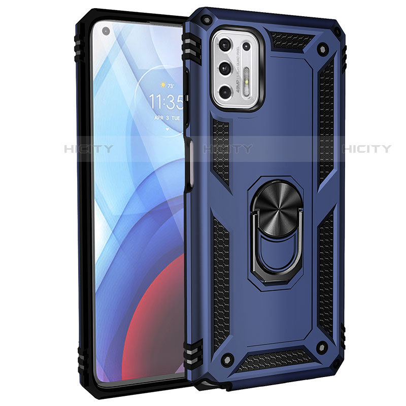 Funda Bumper Silicona y Plastico Mate Carcasa con Magnetico Anillo de dedo Soporte para Motorola Moto G Stylus (2021) Azul