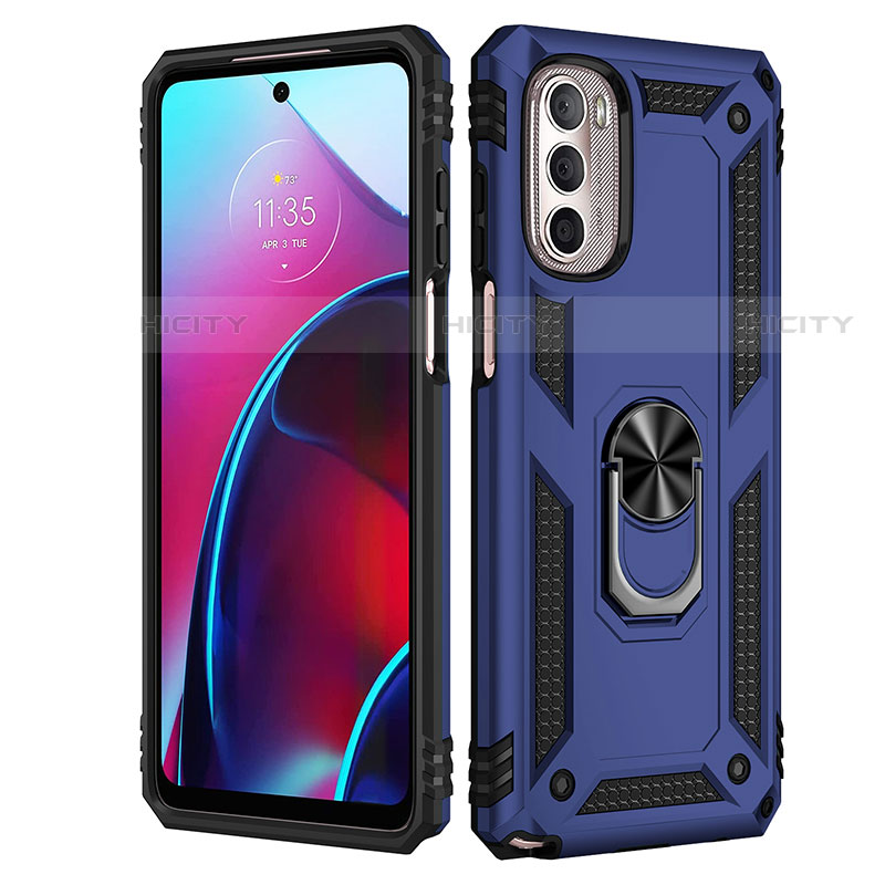 Funda Bumper Silicona y Plastico Mate Carcasa con Magnetico Anillo de dedo Soporte para Motorola Moto G Stylus (2022) 5G Azul