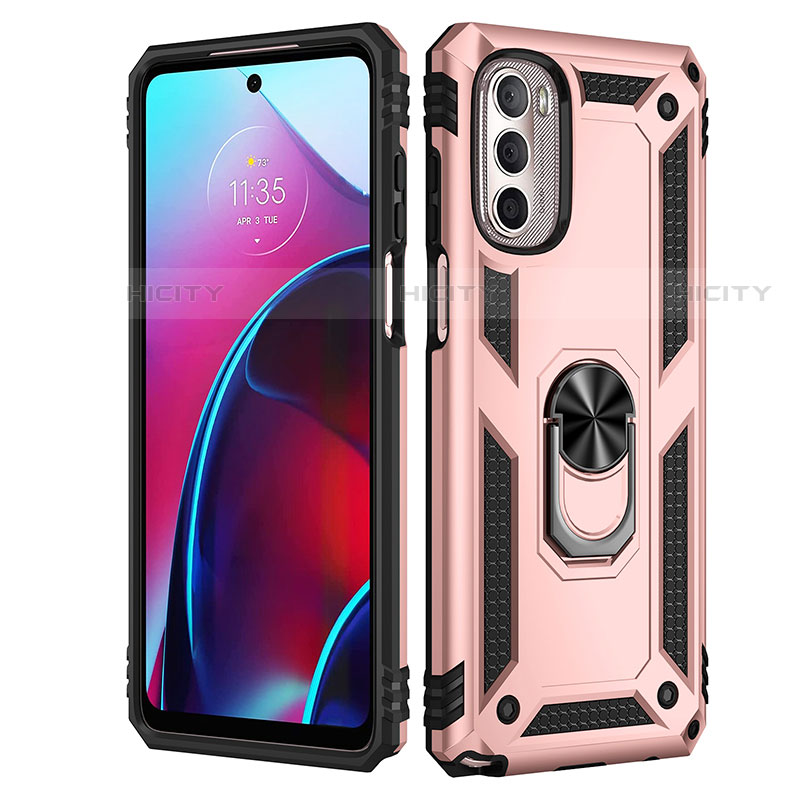 Funda Bumper Silicona y Plastico Mate Carcasa con Magnetico Anillo de dedo Soporte para Motorola Moto G Stylus (2022) 5G Oro Rosa