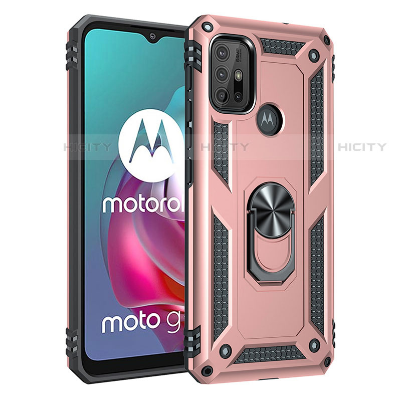 Funda Bumper Silicona y Plastico Mate Carcasa con Magnetico Anillo de dedo Soporte para Motorola Moto G20 Oro Rosa