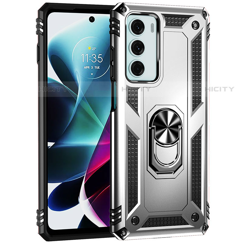 Funda Bumper Silicona y Plastico Mate Carcasa con Magnetico Anillo de dedo Soporte para Motorola Moto G200 5G Plata