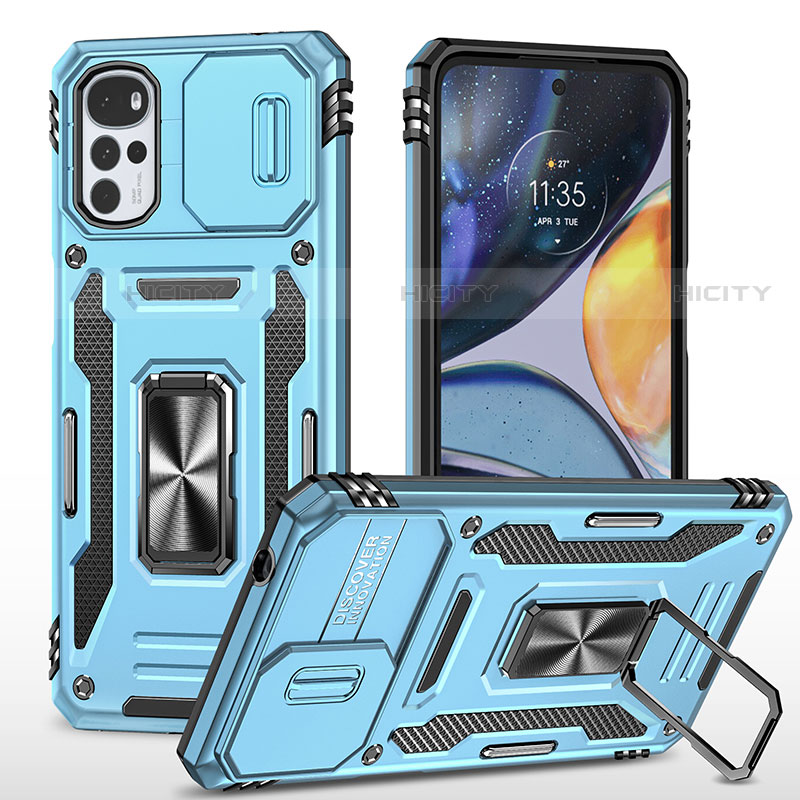 Funda Bumper Silicona y Plastico Mate Carcasa con Magnetico Anillo de dedo Soporte para Motorola Moto G22 Azul Cielo