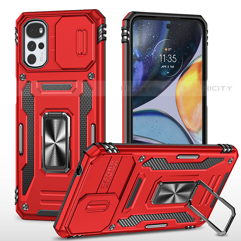 Funda Bumper Silicona y Plastico Mate Carcasa con Magnetico Anillo de dedo Soporte para Motorola Moto G22 Rojo