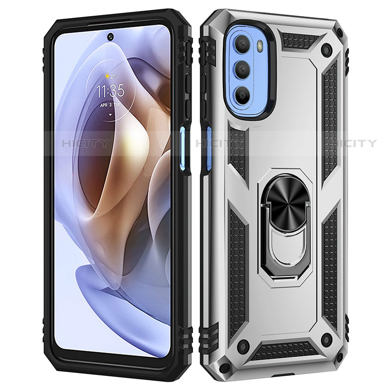 Funda Bumper Silicona y Plastico Mate Carcasa con Magnetico Anillo de dedo Soporte para Motorola Moto G31 Plata