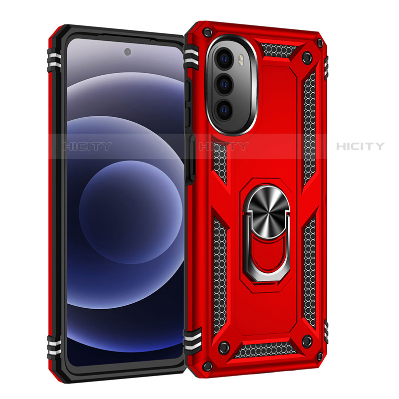 Funda Bumper Silicona y Plastico Mate Carcasa con Magnetico Anillo de dedo Soporte para Motorola MOTO G52 Rojo