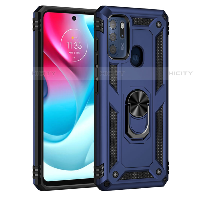 Funda Bumper Silicona y Plastico Mate Carcasa con Magnetico Anillo de dedo Soporte para Motorola Moto G60s Azul