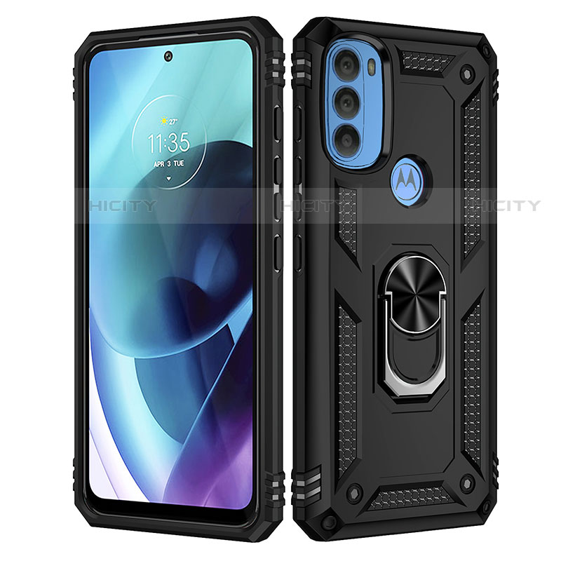 Funda Bumper Silicona y Plastico Mate Carcasa con Magnetico Anillo de dedo Soporte para Motorola Moto G71 5G Negro