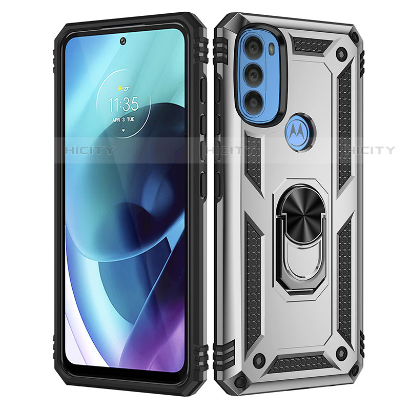 Funda Bumper Silicona y Plastico Mate Carcasa con Magnetico Anillo de dedo Soporte para Motorola Moto G71 5G Plata