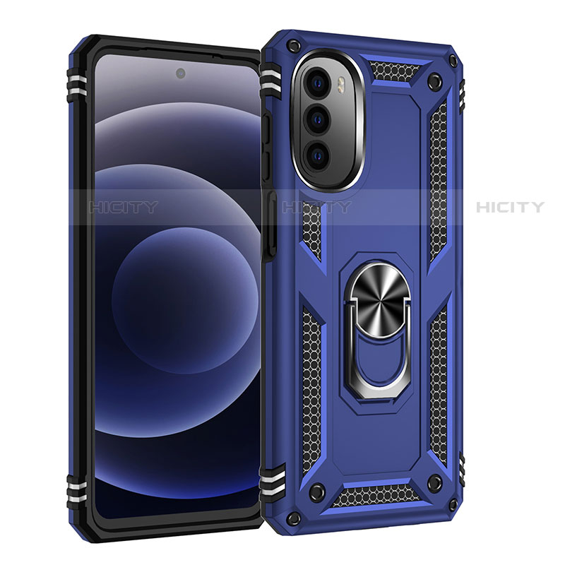 Funda Bumper Silicona y Plastico Mate Carcasa con Magnetico Anillo de dedo Soporte para Motorola Moto G82 5G Azul