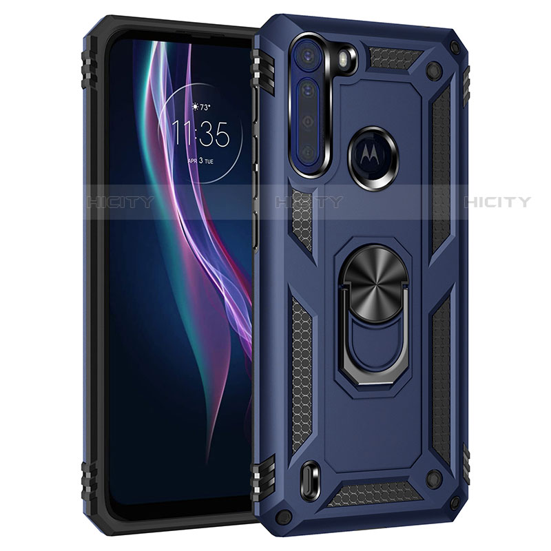 Funda Bumper Silicona y Plastico Mate Carcasa con Magnetico Anillo de dedo Soporte para Motorola Moto One Fusion Azul