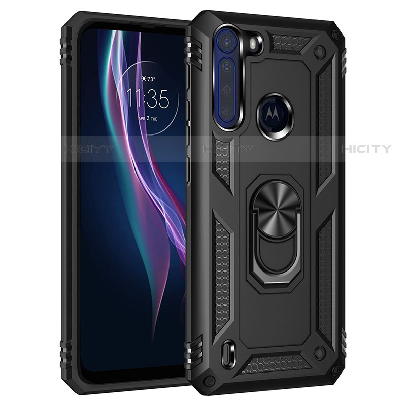 Funda Bumper Silicona y Plastico Mate Carcasa con Magnetico Anillo de dedo Soporte para Motorola Moto One Fusion Negro