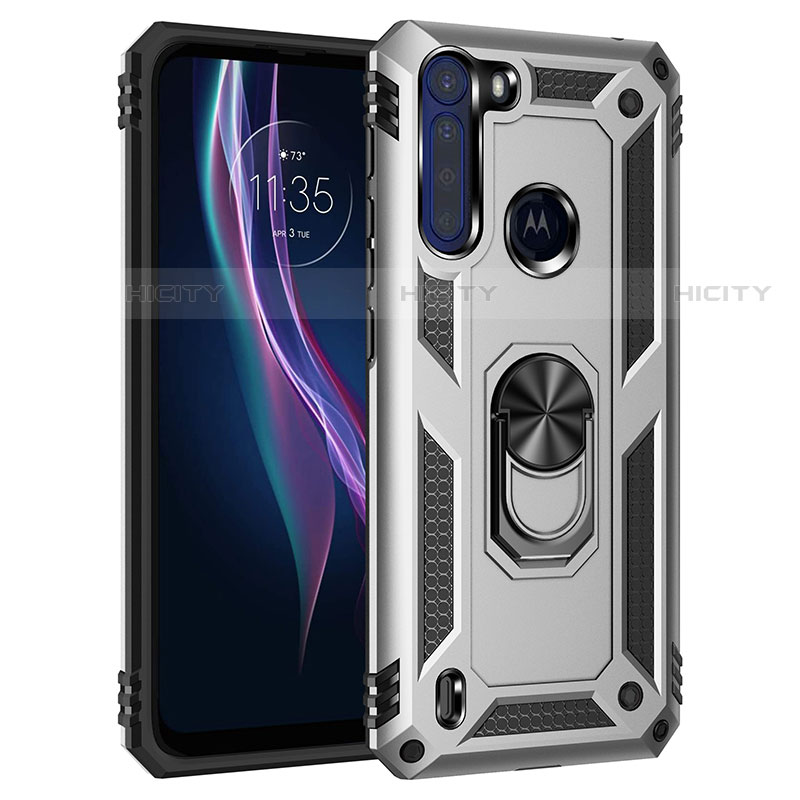 Funda Bumper Silicona y Plastico Mate Carcasa con Magnetico Anillo de dedo Soporte para Motorola Moto One Fusion Plata