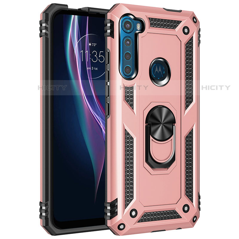 Funda Bumper Silicona y Plastico Mate Carcasa con Magnetico Anillo de dedo Soporte para Motorola Moto One Fusion Plus Oro Rosa