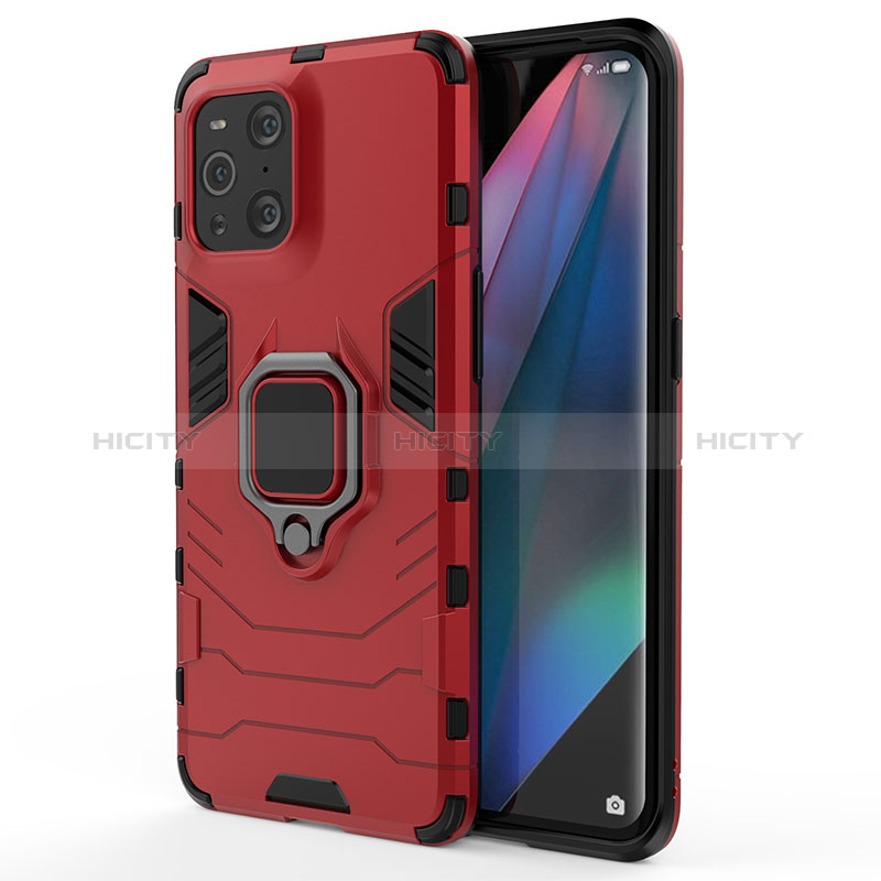 Funda Bumper Silicona y Plastico Mate Carcasa con Magnetico Anillo de dedo Soporte para Oppo Find X3 5G Rojo