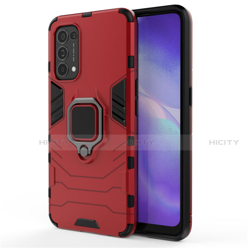 Funda Bumper Silicona y Plastico Mate Carcasa con Magnetico Anillo de dedo Soporte para Oppo Find X3 Lite 5G Rojo