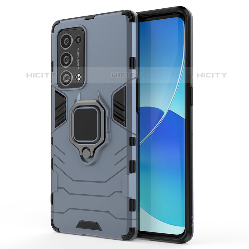 Funda Bumper Silicona y Plastico Mate Carcasa con Magnetico Anillo de dedo Soporte para Oppo Reno6 Pro 5G Azul