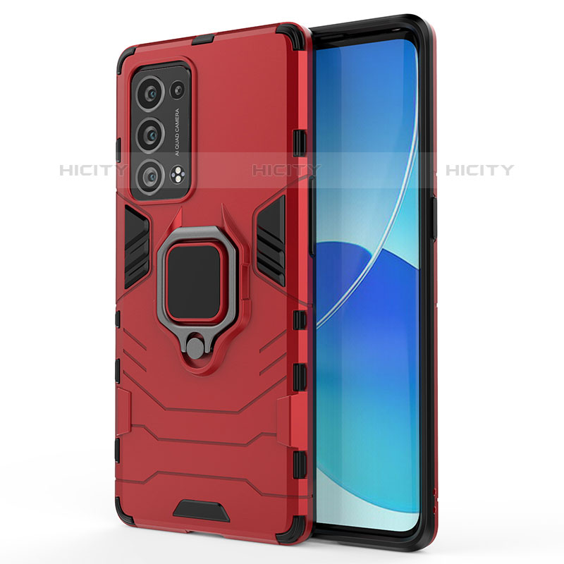 Funda Bumper Silicona y Plastico Mate Carcasa con Magnetico Anillo de dedo Soporte para Oppo Reno6 Pro 5G Rojo