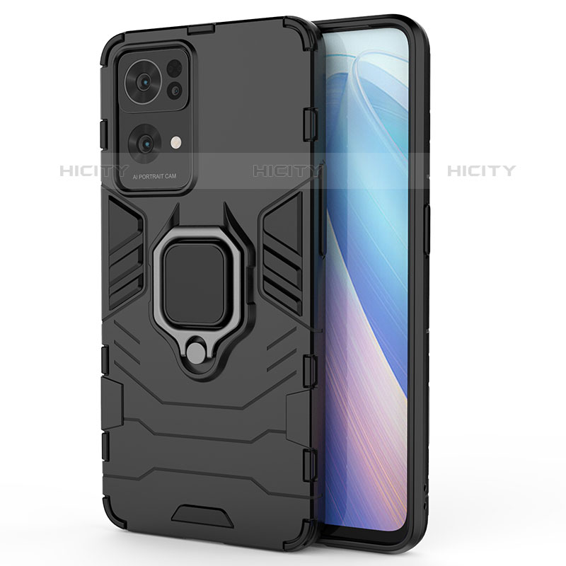 Funda Bumper Silicona y Plastico Mate Carcasa con Magnetico Anillo de dedo Soporte para Oppo Reno7 Pro 5G Negro