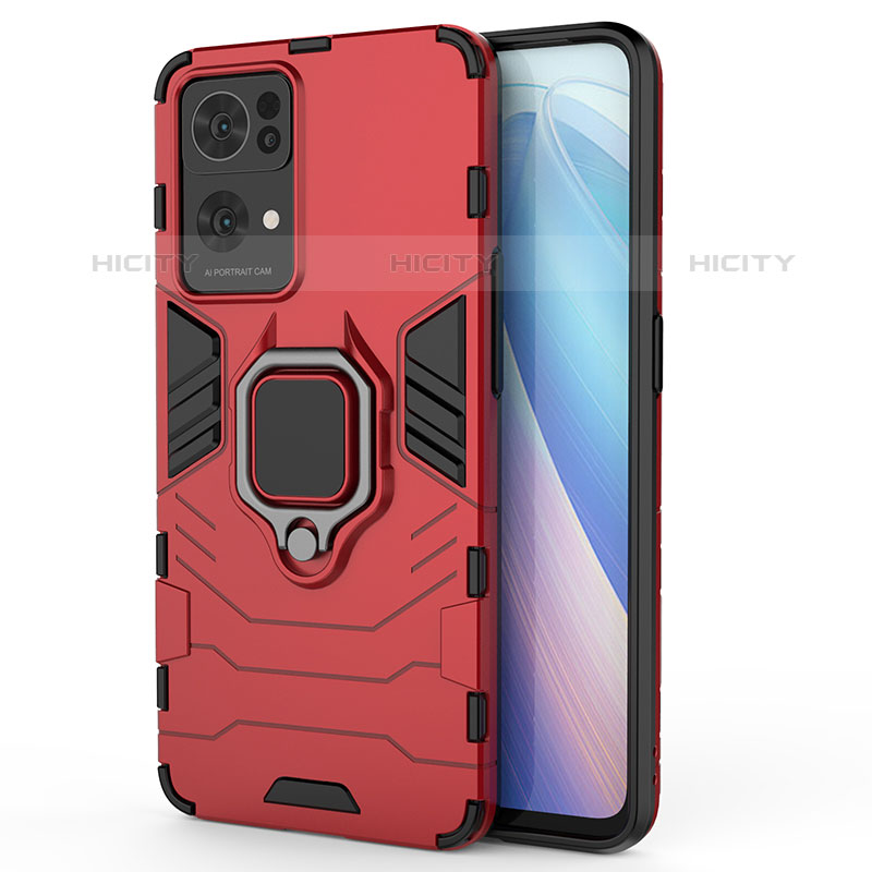 Funda Bumper Silicona y Plastico Mate Carcasa con Magnetico Anillo de dedo Soporte para Oppo Reno7 Pro 5G Rojo