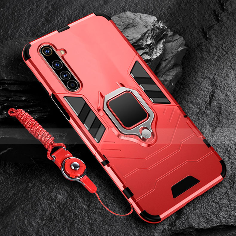 Funda Bumper Silicona y Plastico Mate Carcasa con Magnetico Anillo de dedo Soporte para Realme 6 Pro Rojo