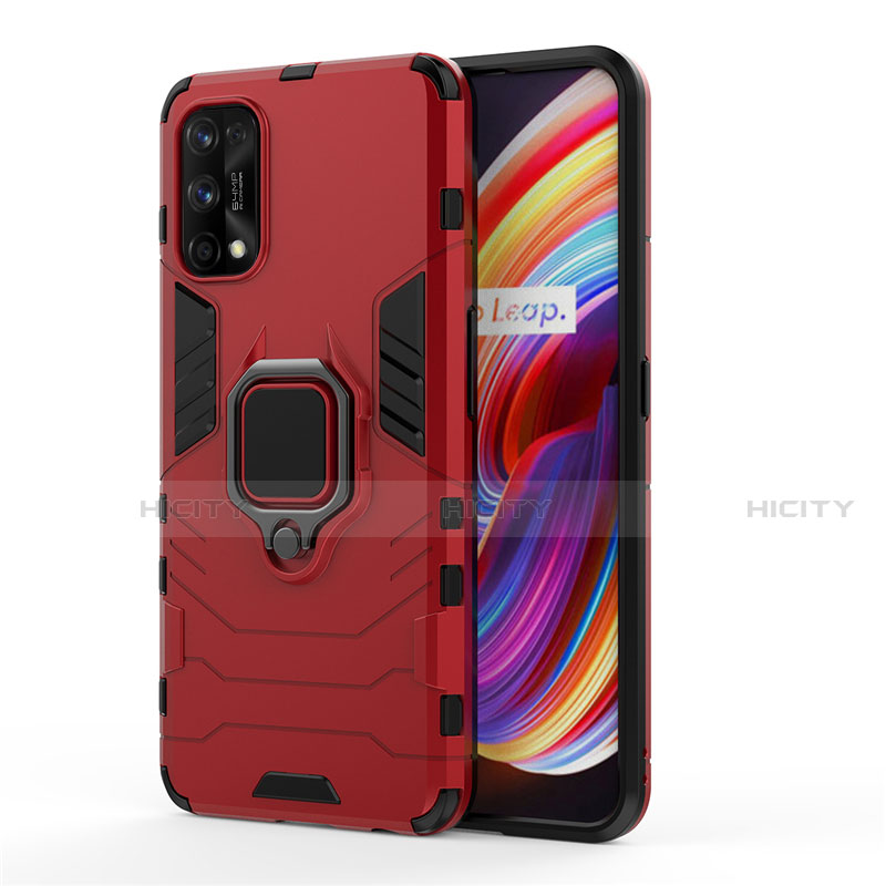 Funda Bumper Silicona y Plastico Mate Carcasa con Magnetico Anillo de dedo Soporte para Realme 7 Pro Rojo