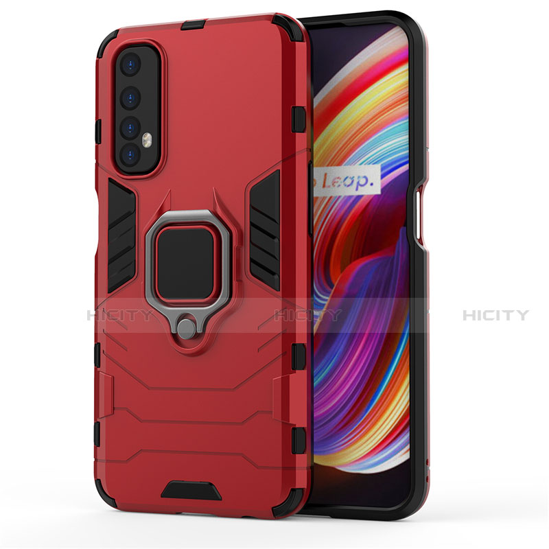 Funda Bumper Silicona y Plastico Mate Carcasa con Magnetico Anillo de dedo Soporte para Realme 7 Rojo