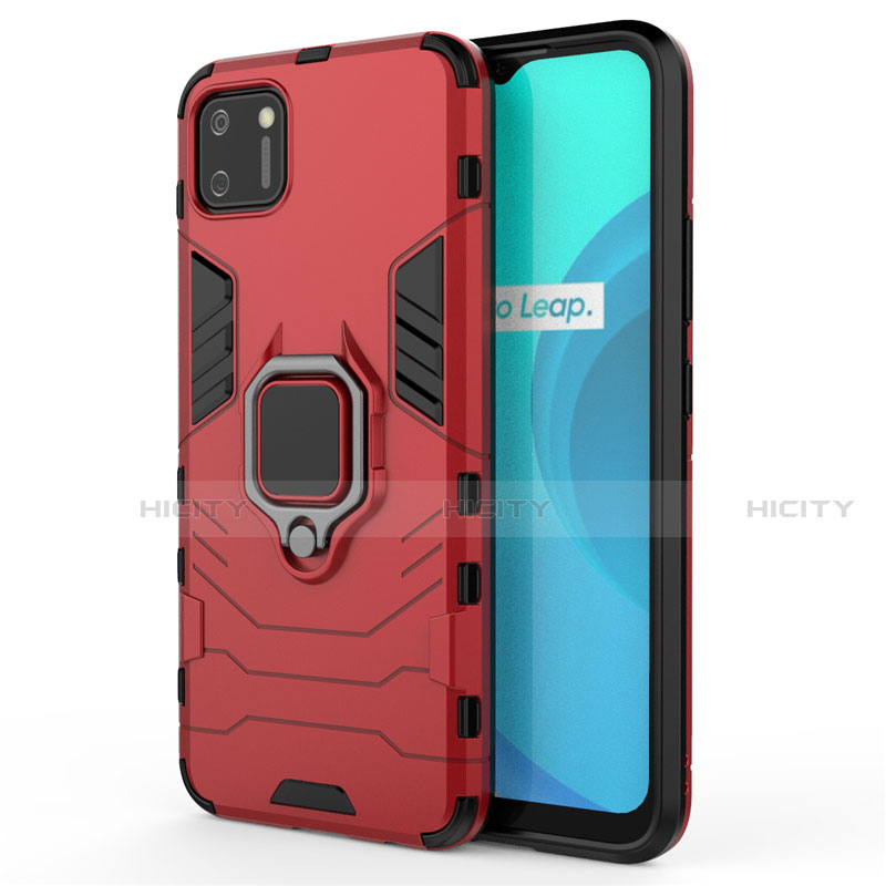 Funda Bumper Silicona y Plastico Mate Carcasa con Magnetico Anillo de dedo Soporte para Realme C11 Rojo