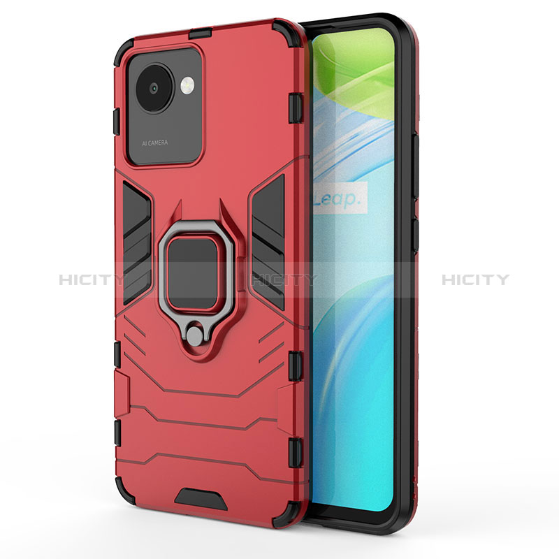 Funda Bumper Silicona y Plastico Mate Carcasa con Magnetico Anillo de dedo Soporte para Realme C30 Rojo