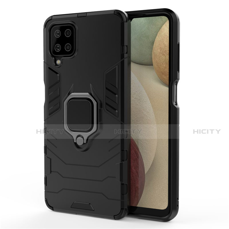 Funda Bumper Silicona y Plastico Mate Carcasa con Magnetico Anillo de dedo Soporte para Samsung Galaxy A12 Negro