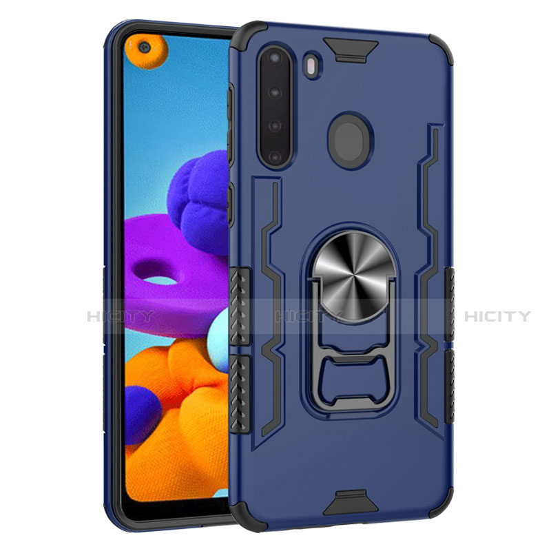 Funda Bumper Silicona y Plastico Mate Carcasa con Magnetico Anillo de dedo Soporte para Samsung Galaxy A21 Azul