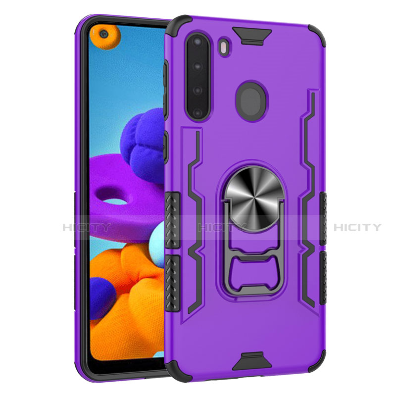 Funda Bumper Silicona y Plastico Mate Carcasa con Magnetico Anillo de dedo Soporte para Samsung Galaxy A21 Morado