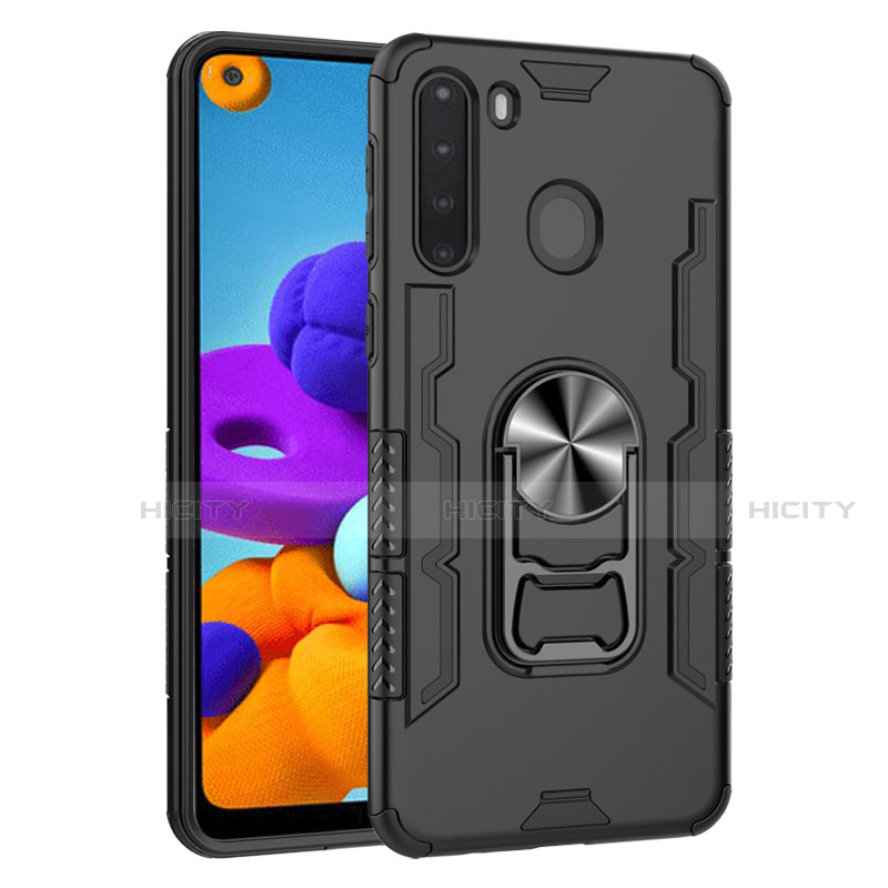 Funda Bumper Silicona y Plastico Mate Carcasa con Magnetico Anillo de dedo Soporte para Samsung Galaxy A21 Negro