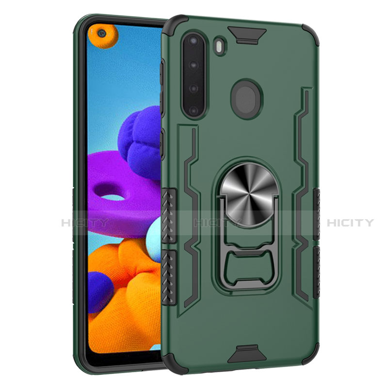 Funda Bumper Silicona y Plastico Mate Carcasa con Magnetico Anillo de dedo Soporte para Samsung Galaxy A21 Verde Noche